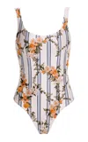 Agua By Agua Bendita Gema Valle Floral-striped Cotton One-piece Swimsuit In Neutral