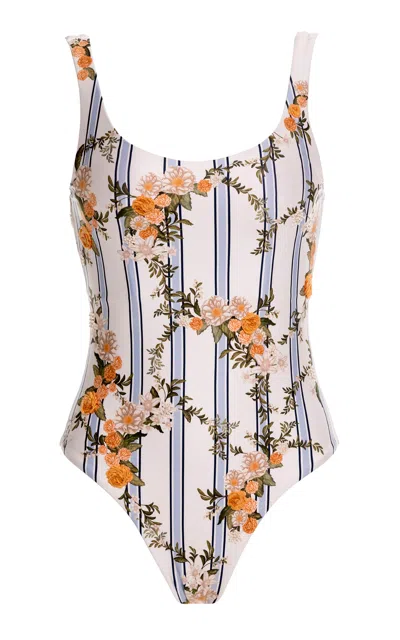 Agua By Agua Bendita Gema Valle Floral-striped Cotton One-piece Swimsuit In Neutral
