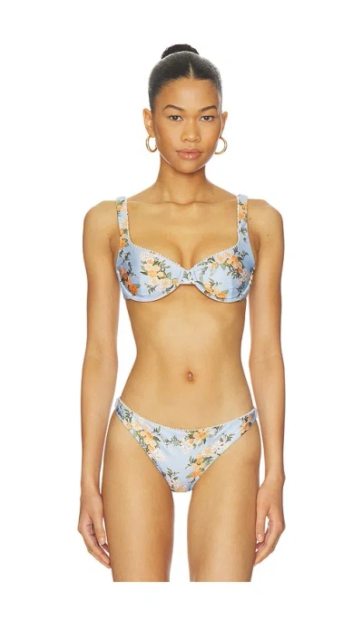 Agua By Agua Bendita Hacienda Valle Pearl-embellished Floral-print Bikini Top In Blue