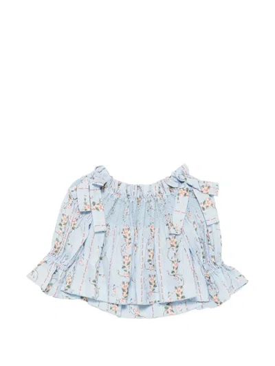 Agua By Agua Bendita Isla Navegante Printed Smocked Linen Blouse In Blue
