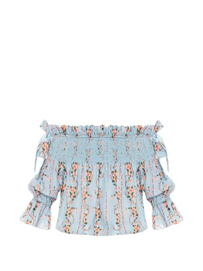 Agua By Agua Bendita Isla Navegante Floral-print Smocked Blouse In Blue