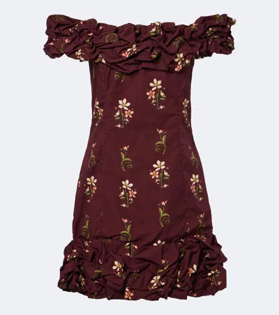 Agua By Agua Bendita Jardin Floral Off-shoulder Cotton Minidress In Brown