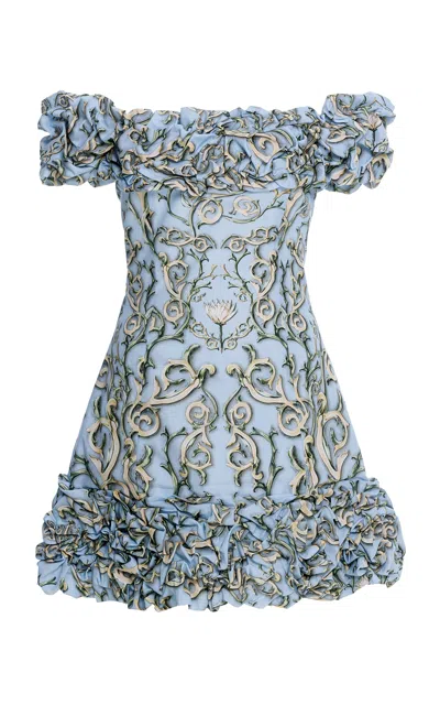 Agua By Agua Bendita Jardin Off-the-shoulder Cotton Mini Dress In Blue