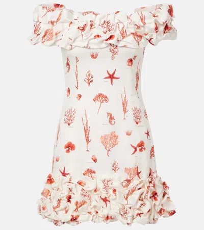 Agua By Agua Bendita Jardin Printed Off-shoulder Linen Minidress In White
