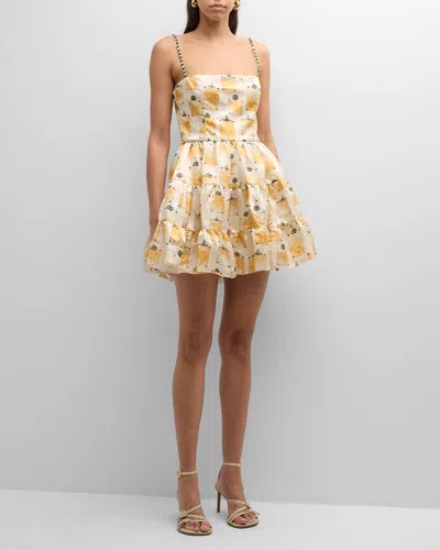 Agua By Agua Bendita Lima Tiered Printed Linen And Silk-blend Faille Mini Dress In Neutrals