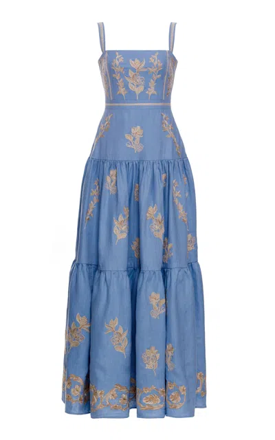 Agua By Agua Bendita Lima Embroidered Floral Linen Maxi Dress In Blue