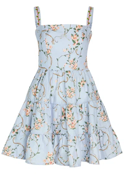 Agua By Agua Bendita Lima Floral-print Linen Mini Dress In Blue