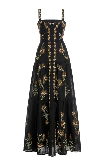 Agua By Agua Bendita Lima Maxi Azucar Hand-embroidered Linen Maxi Dress In Black