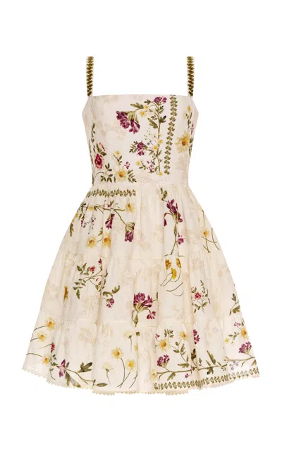 Agua By Agua Bendita Lima Tiered Floral Linen Mini Dress In Neutral