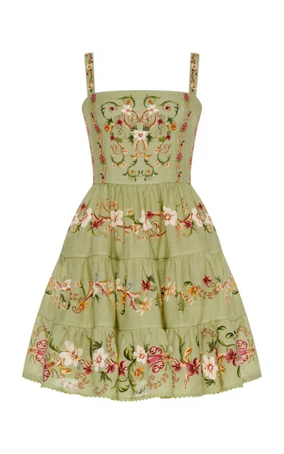 Agua By Agua Bendita Lima Tiered-skirt Linen Mini Dress In Multi