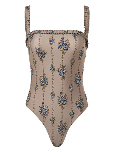 Agua By Agua Bendita Limon Memoria Embroidered One-piece Swimsuit In Taupe