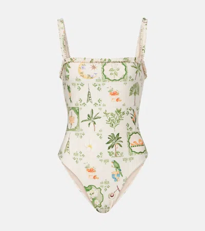 Agua By Agua Bendita Limón Printed Ruffled Swimsuit