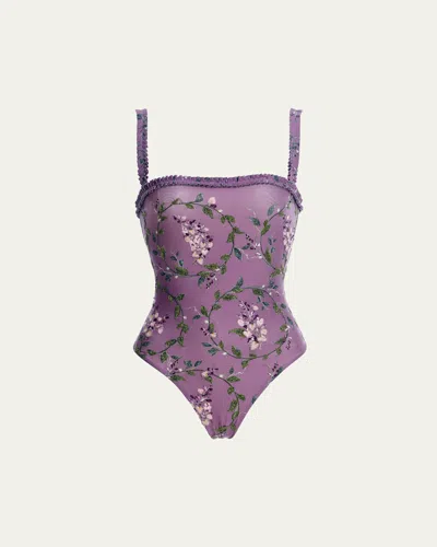 AGUA BY AGUA BENDITA LIMON WISTERIA HAND-EMBROIDERED ONE-PIECE SWIMSUIT