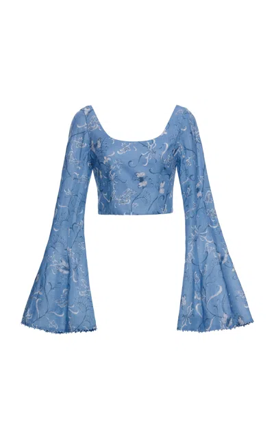 Agua By Agua Bendita Limoncillo Embroidered Linen Top In Blue