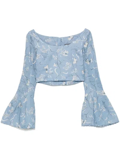 Agua By Agua Bendita Linen Crop Top In Blau