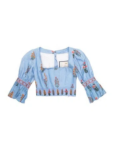 Pre-owned Agua By Agua Bendita Linen Floral Print Blouse In Blue