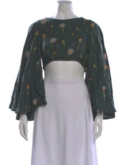 Pre-owned Agua By Agua Bendita Linen Floral Print Crop Top In Green