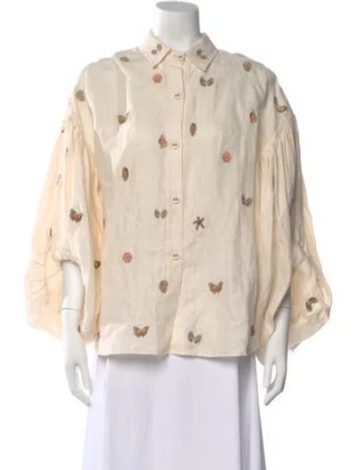 Pre-owned Agua By Agua Bendita Linen Printed Blouse W/ Tags In Neutral