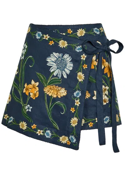 Agua By Agua Bendita Luna Floral-print Linen Mini Wrap Skirt In Multi
