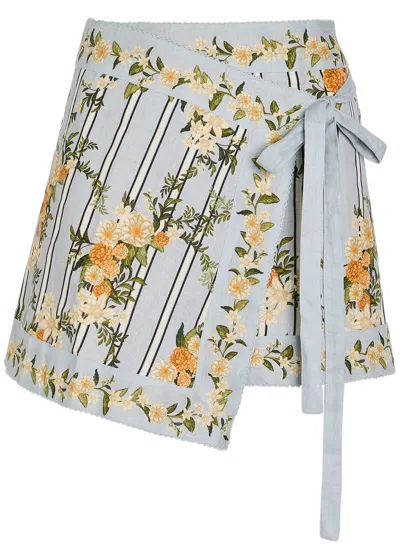 Agua By Agua Bendita Luna Floral-print Linen Mini Wrap Skirt In Gray