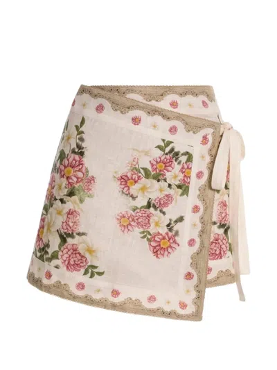 Agua By Agua Bendita Luna Paraiso Floral-print Linen Asymmetric Skirt In Neutrals