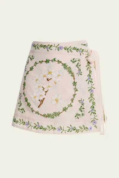 Agua By Agua Bendita Luna Wild Floral-print Linen Mini Wrap Skirt In Neutral