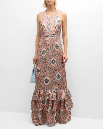 Agua By Agua Bendita Magnolia Cofre Embroidered Linen-silk Maxi Dress In Pink