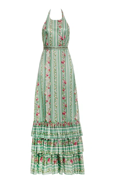 Agua By Agua Bendita Magnolia Ruffled Linen Maxi Dress In Green