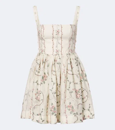 Agua By Agua Bendita Mielero Embroidered Floral Linen Minidress In Neutral