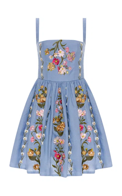 Agua By Agua Bendita Mielero Floral-applique Linen Mini Dress In Blue