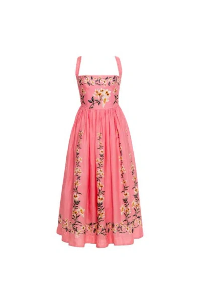 Agua By Agua Bendita Mielero Promesa Floral Linen Midi Dress In Pink