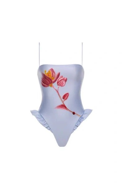 Agua By Agua Bendita Montaña Bead-embellished Stretch Recycled Swimsuit In Blue