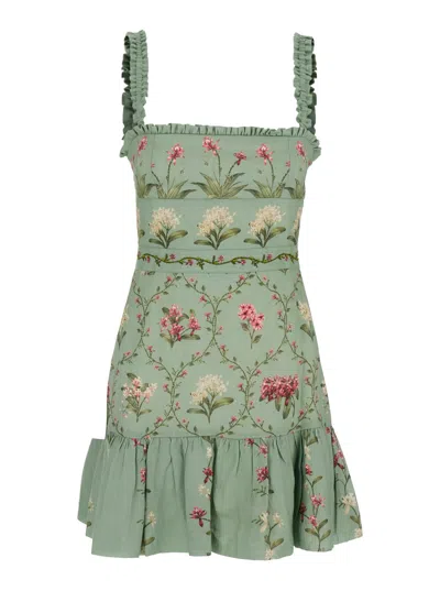Agua By Agua Bendita Nieve Green Long Dress With All-over Floral Print In Linen Woman