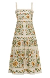 Agua By Agua Bendita Nispero Tiered Embroidered Printed Linen Midi Dress In Multi