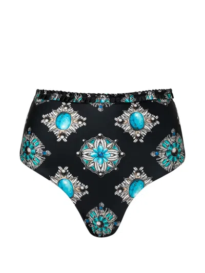 Agua By Agua Bendita Nopal Platero Ruffled Printed Bikini Bottom In Black