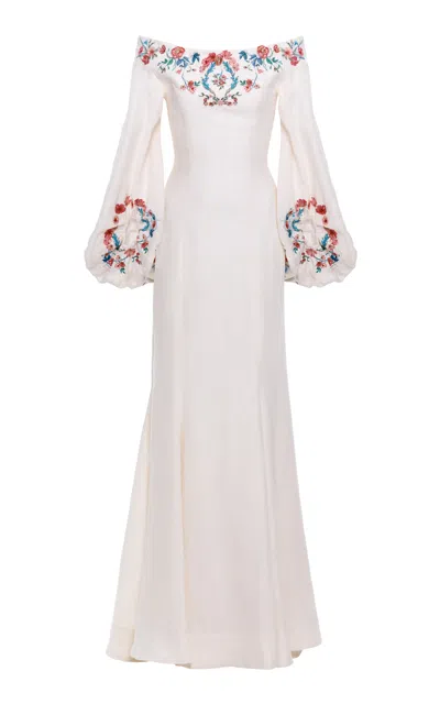 Agua By Agua Bendita Peccana Embroidered Silk Maxi Dress In Ivory