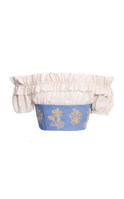 Agua By Agua Bendita Pimienta Embroidered Linen Crop Top In Light Blue