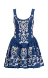 Agua By Agua Bendita Pluma Embroidered Linen Mini Dress In Blue