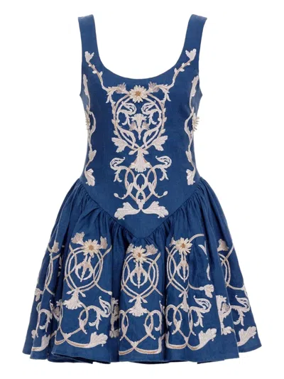 Agua By Agua Bendita Pluma Embroidered Mini Dress In Blue