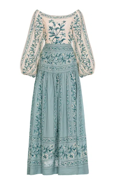 Shop Agua By Agua Bendita Senlis Off-the-shoulder Linen Maxi Dress In Light Blue