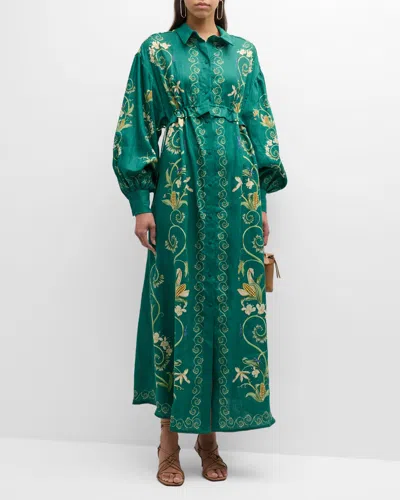 Agua By Agua Bendita Taos Esmeralda Embroidered Printed Linen Maxi Shirt Dress In Blue