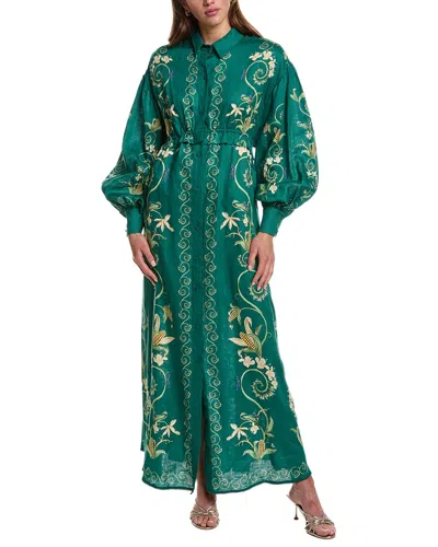 Agua By Agua Bendita Taos Esmeralda Printed Linen Maxi Shirt Dress In Green