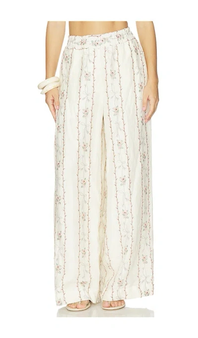 Agua By Agua Bendita Tota Navegante Floral-embroidered Linen Wide-leg Pants In White