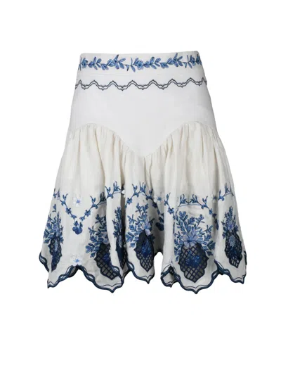 Agua By Agua Bendita White Flared Floral Embroidered Linen Mini Skirt