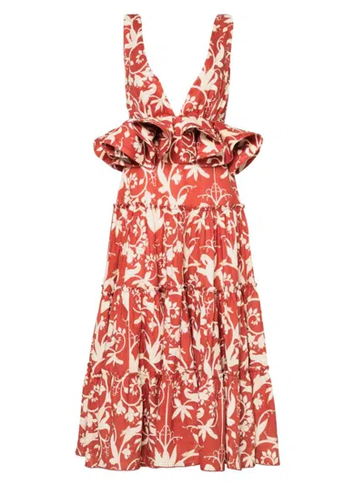 Agua By Agua Bendita Lago Maiz Printed Linen Midi Dress In Red