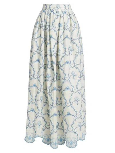 Agua By Agua Bendita Tangelo Gathered Embroidered Linen Maxi Skirt In White