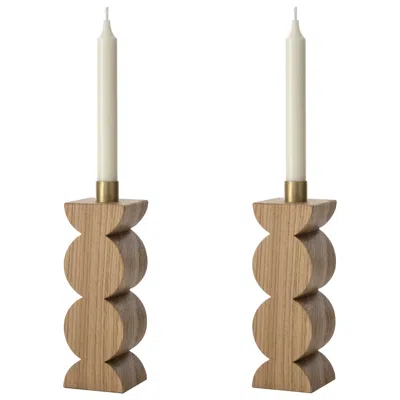 Pre-owned Agustina Bottoni Constantin I Set Of Two Candleholders In Solid Oak And Brass With Circles In Brown