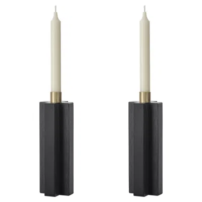 Pre-owned Agustina Bottoni Constantin Iia Set Of Two Candleholders In Black Oak And Brass