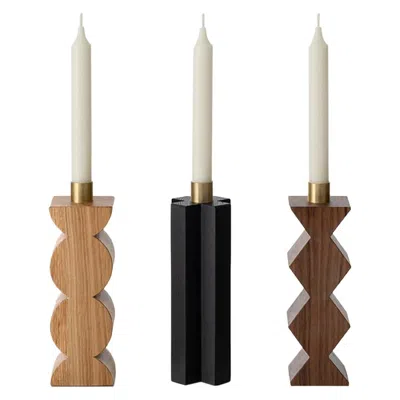 Pre-owned Agustina Bottoni Constantin Set Of Candleholders In Wood And Brass Minimalist Design In Brown