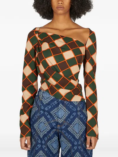 Ahluwalia Asymmetric Graphic Long-sleeve Blouse In Green